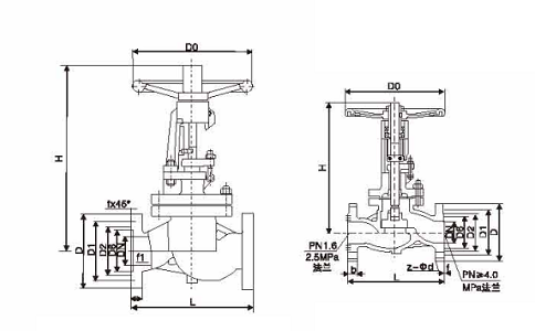 美标法兰截止阀J41W-150LB尺寸表结构示意图 美标法兰截止阀J41W-150LB尺寸表结构示意图
